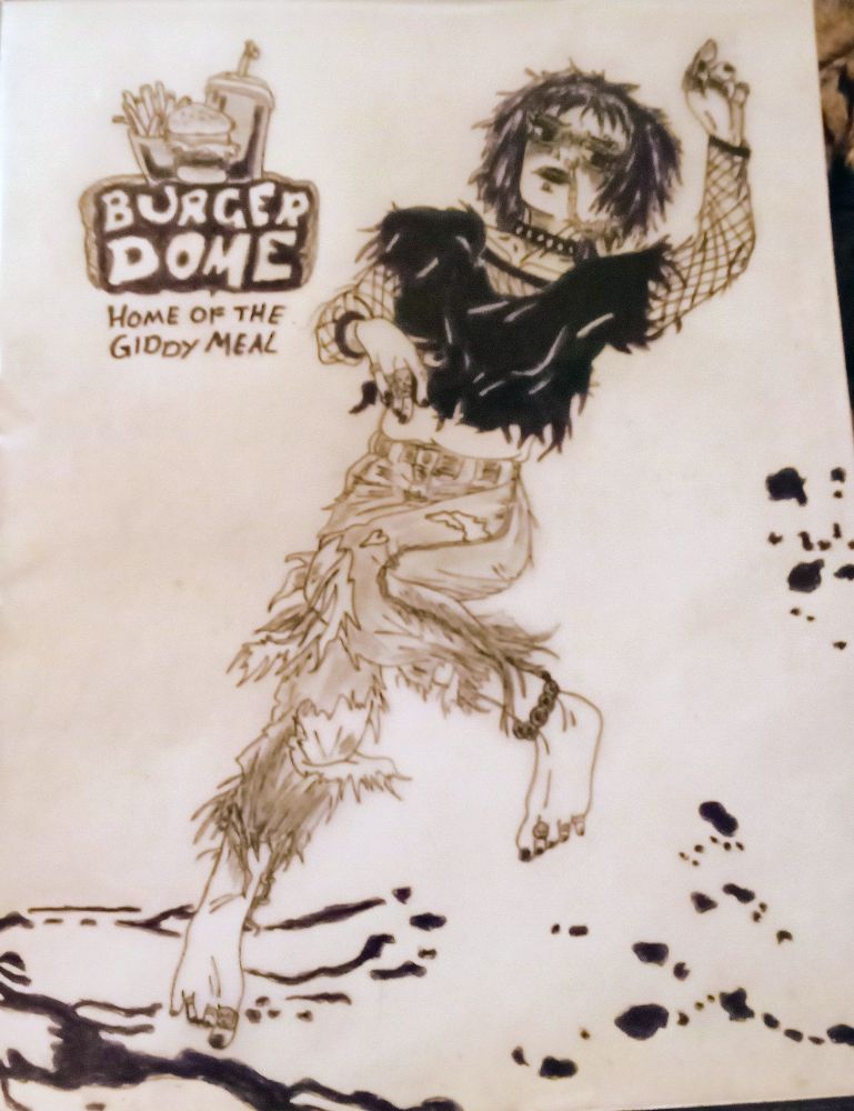 A barefoot goth girl lying on her back, with the Burger Dome logo at the top left corner, and some blood splattered at the bottom.