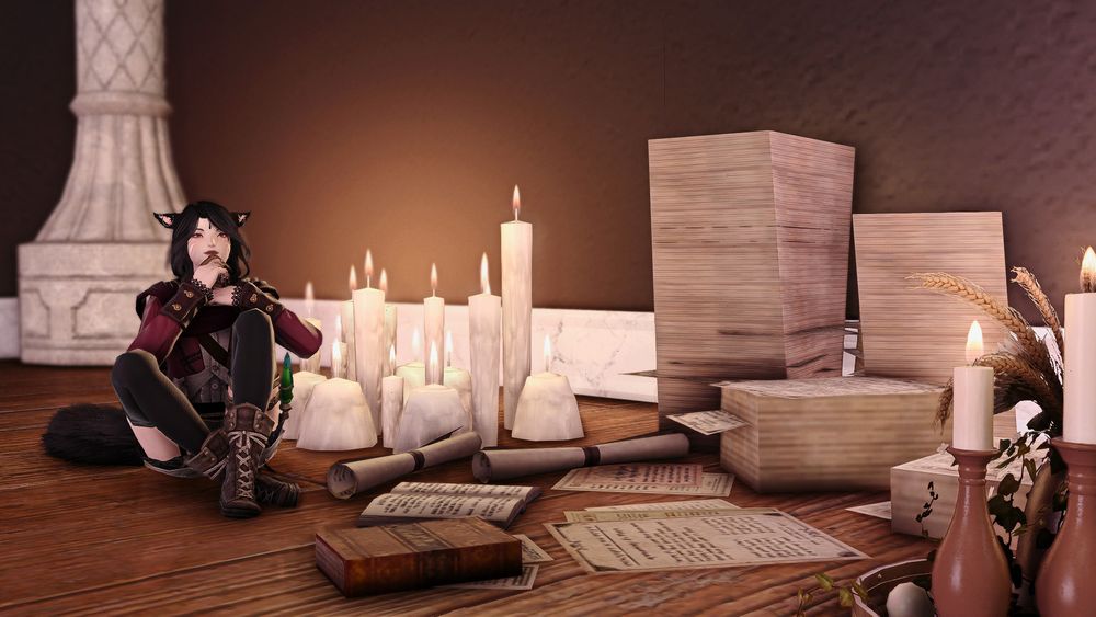 A screenshot from Final Fantasy 14. A female miqo'te sits on the floor next to piles of papers and documents. The area is lit by a collection of candles.