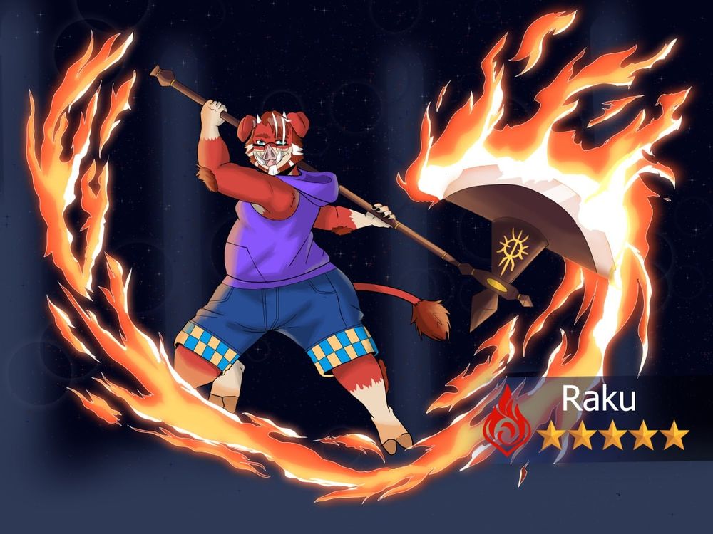 A maroon anthro boar wearing a purple hoodie and jean shorts wielding a large axe engulfed in flames that arc around the boar.