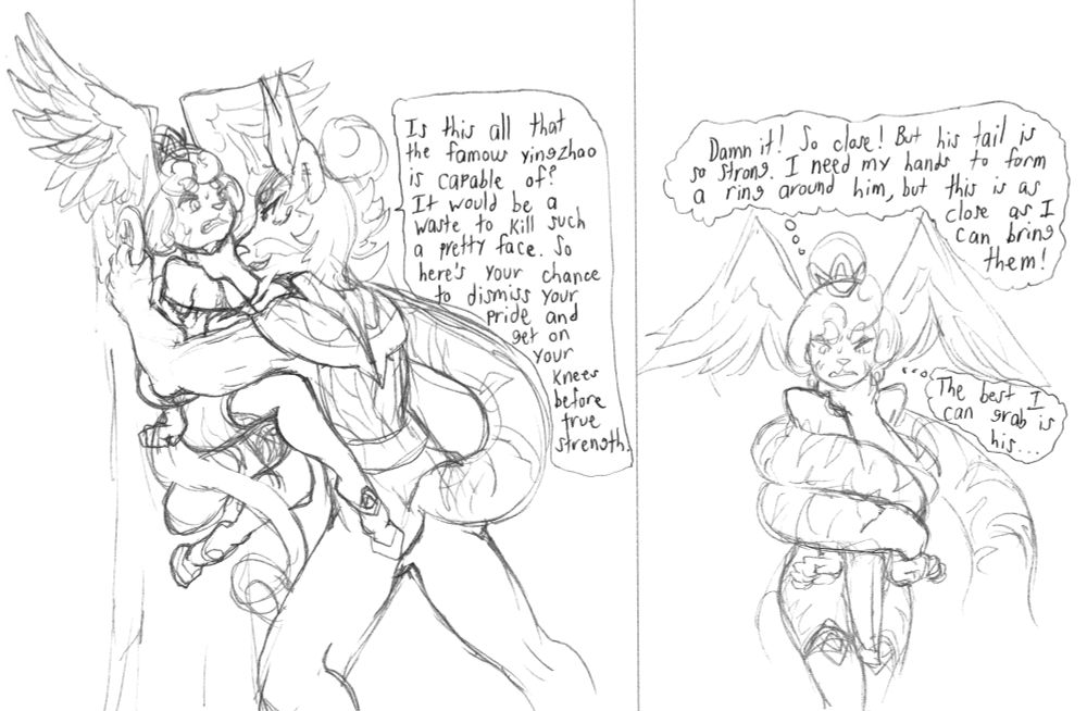 Panel 1: Pinning Yinuo with hand, tail and flaming ring, Haoran touts his victory by taunting, "Is this all that the famous yingzhao is capable of? It would be a waste to kill such a pretty face. So here's your chance to dismiss your pride and get on your knees before true strength."
Panel 2: Grimacing and struggling to bring his hands closer together to channel magic, Yinuo thinks, ("Damn it! So close! But his tail is so strong. I need my hands to form a ring around him, bit this is as close as I can bring them! The best I can grab is his...")