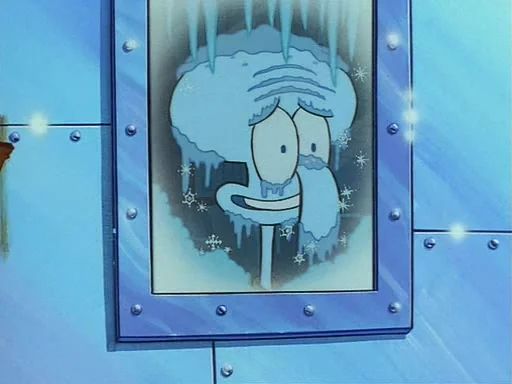 Squidward is frozen in the freezer, his face staring out of the freezer window