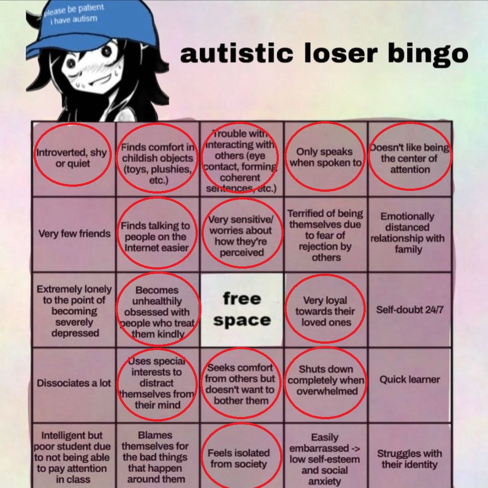 Autistic loser bingo card. The top row & middle column are filled in.