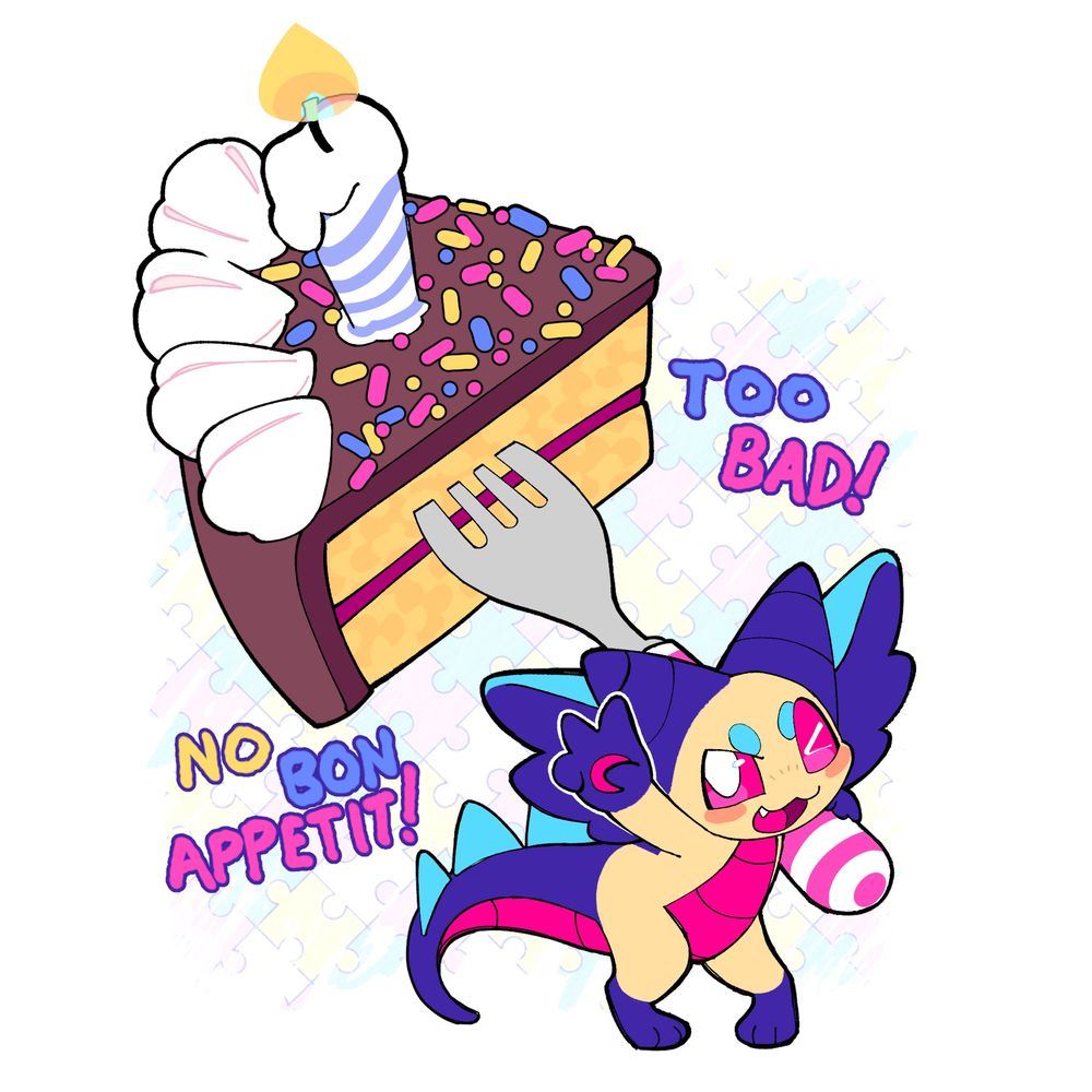 sye holding an oversized fork over their shoulder, which is poked into a big piece of cake. text says "too bad no bon appetit!", lyrics from birthday cake by cibo matto