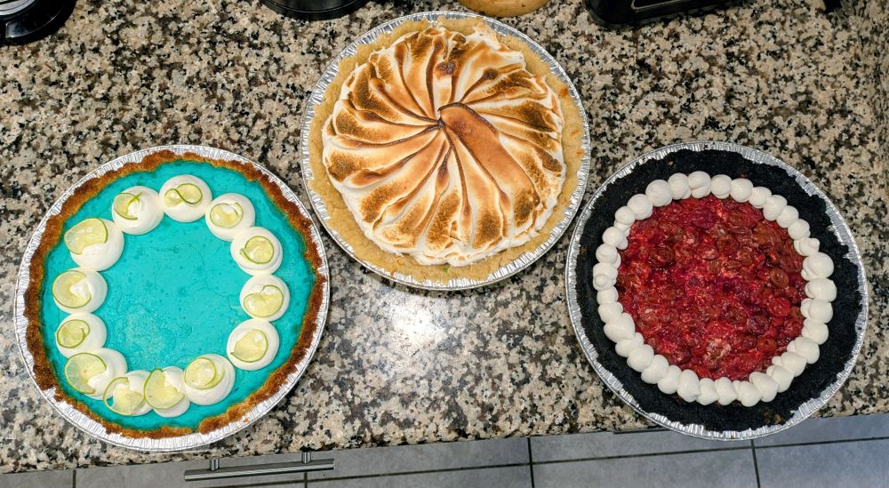 three pies, from above. left to right - Baja Blast Key Lime, Mountain Dew Meringue, and Code Red Cherry