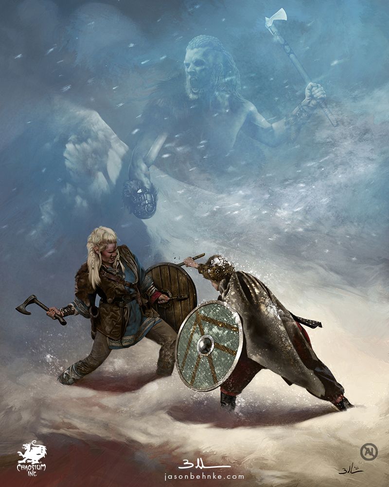 A female and male viking fight each other with axes and shields in the snowy mountains above the treeline during a snowstorm. A large, fierce god missing one hand and wielding an axe looms over the battle in the background. A "No AI" symbol is watermarked in the corner.