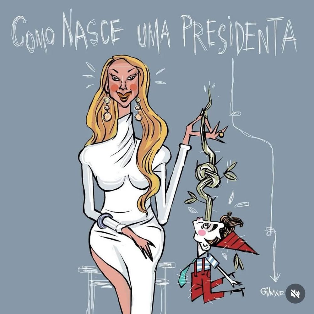 Charge com caricatura minha, segurando, com a ponta dos dedos, um pequeno Pinóquio pelo seu nariz, feita em referência ao vídeo desmentido as fake news sobre o pix.

Acima de mim, há o texto “como nasce uma Presidenta”