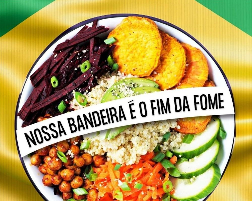 Imagem simulando a bandeira do Brasil, com o círculo interior substituído por um prato de comida, e o texto “ordem e progresso” substituído por “nossa bandeira é o fim da fome”.