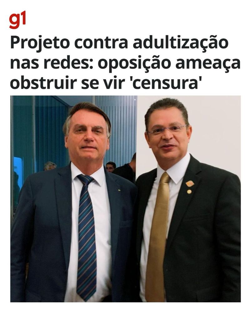 Print de manchete do G1:

“Projeto contra adultização nas redes: oposição ameaça obstruir se vir ‘censura’”.

A manchete é acompanhada de uma foto de Sóstenes Cavalcante ao lado de Jair Bolsonaro.