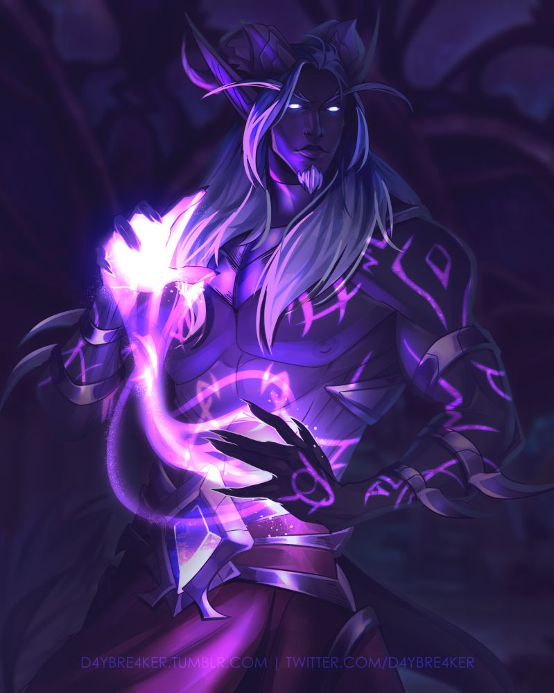 Drawing of tevrugos, with a nightborne visage, casting some sort of spell