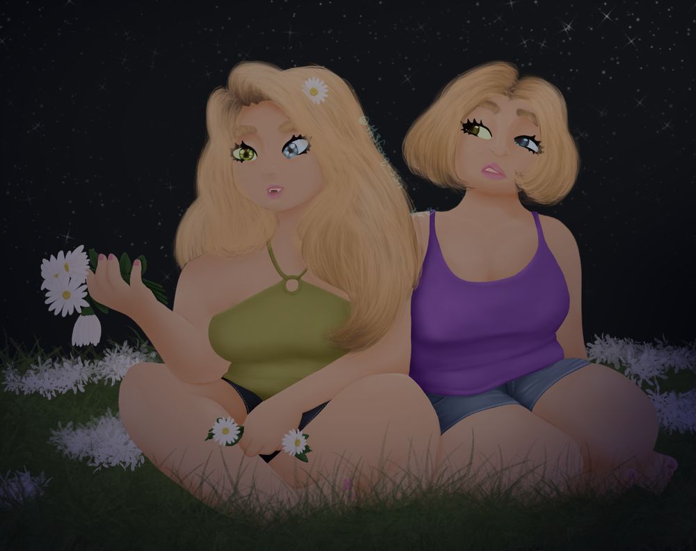 Two girls sitting in a field, one is making a flower crown, the other looks disgusted by this