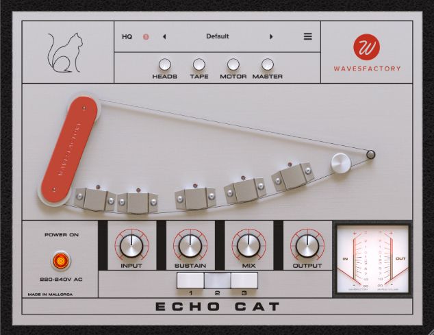 Image of the main UI for the plugin ECHO CAT, which is based on the original Copycat hardware. You can see the tape looping around the record, erase and 3 playback heads, as well as various dials, buttons and an in/out meter.