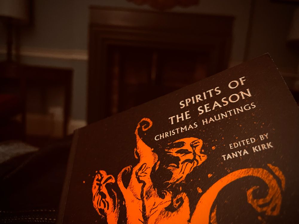 The cover of “Spirits of the Season” (Ed. Tanya Kirk) a collection of Christmas ghost stories from the late 19th and early 20th centuries. In front of a soon-to-be-lit fireplace…