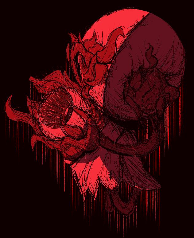 Red-tinted drawing of a character reminiscent of a small hanging ghost ornament
