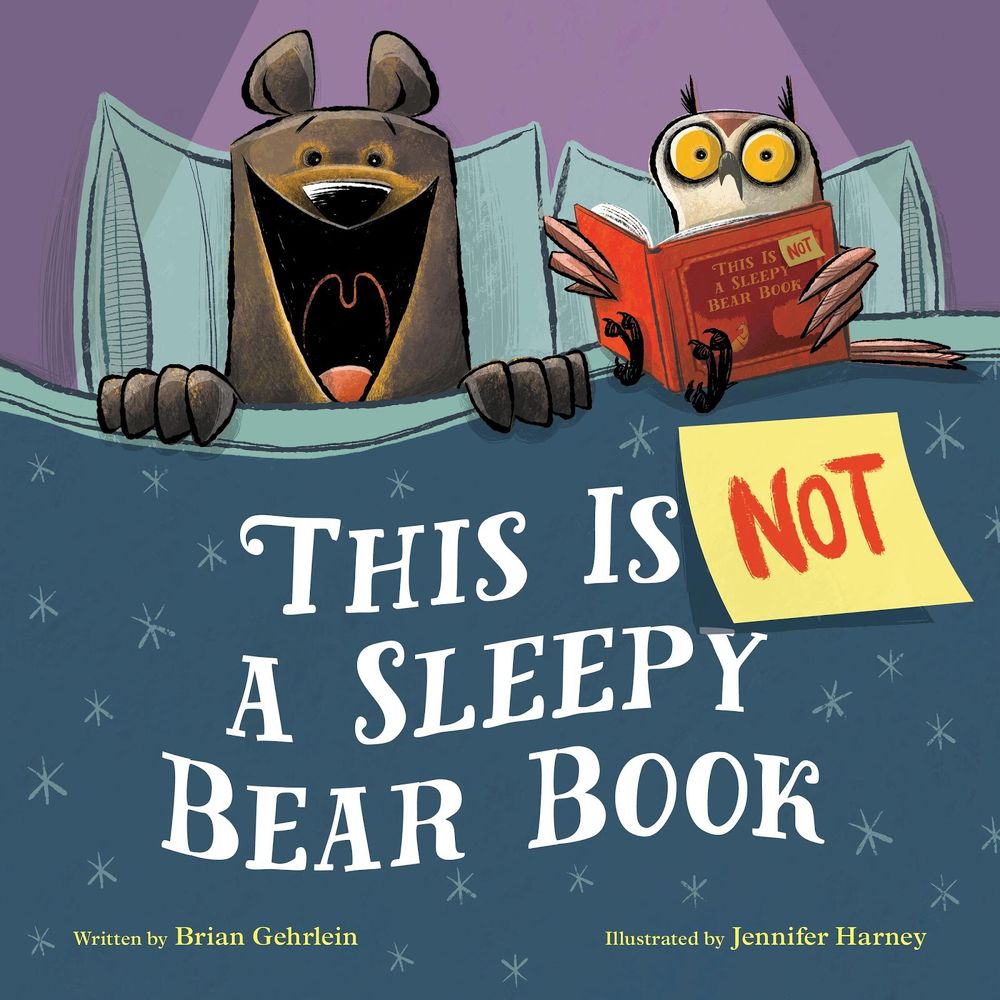 illustrated image of a book cover with a bear and an owl in their bed, their cover pulled up to the bear's chin, and the owl sitting on the edge reading a book.