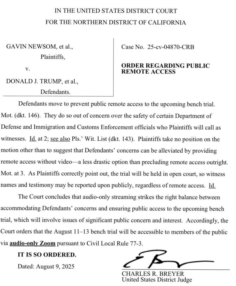 Bench trial to remain public. Newsome v. Trump 