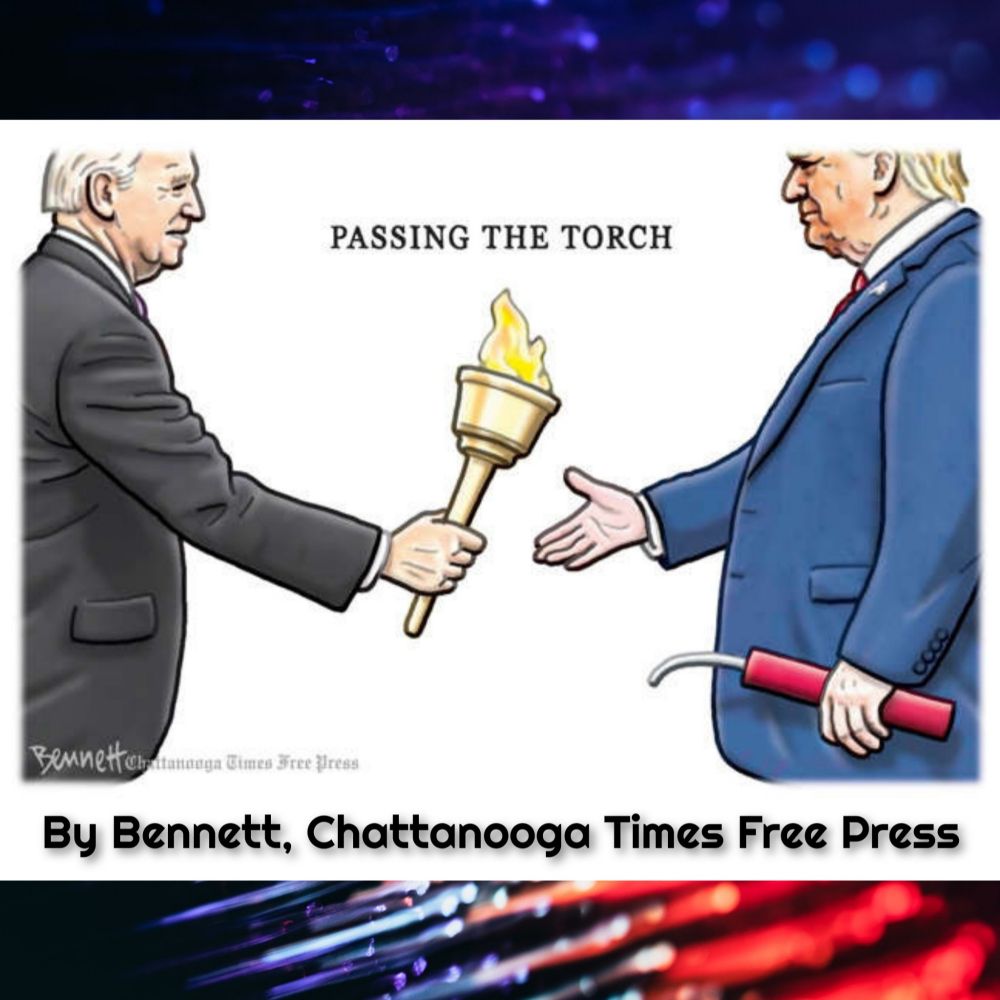 PASSING THE TORCH 
By Bennett, Chattanooga Times Free Press 

President Biden passing a torch to tRump who is holding a stick of dynamite in his other hand. 
