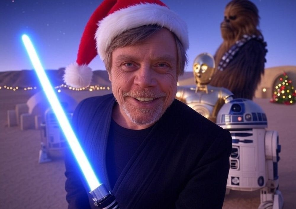 Mark Hamill as Luke Skywalker wearing a Santa hat. 