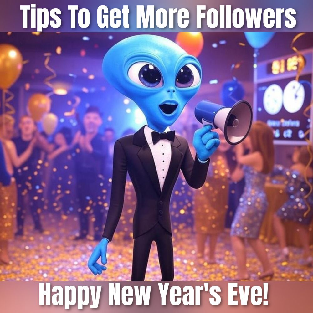Tips to get more followers. Blue alien at a New Year's Eve party speaking through a megaphone. Happy New Year's Eve! 
