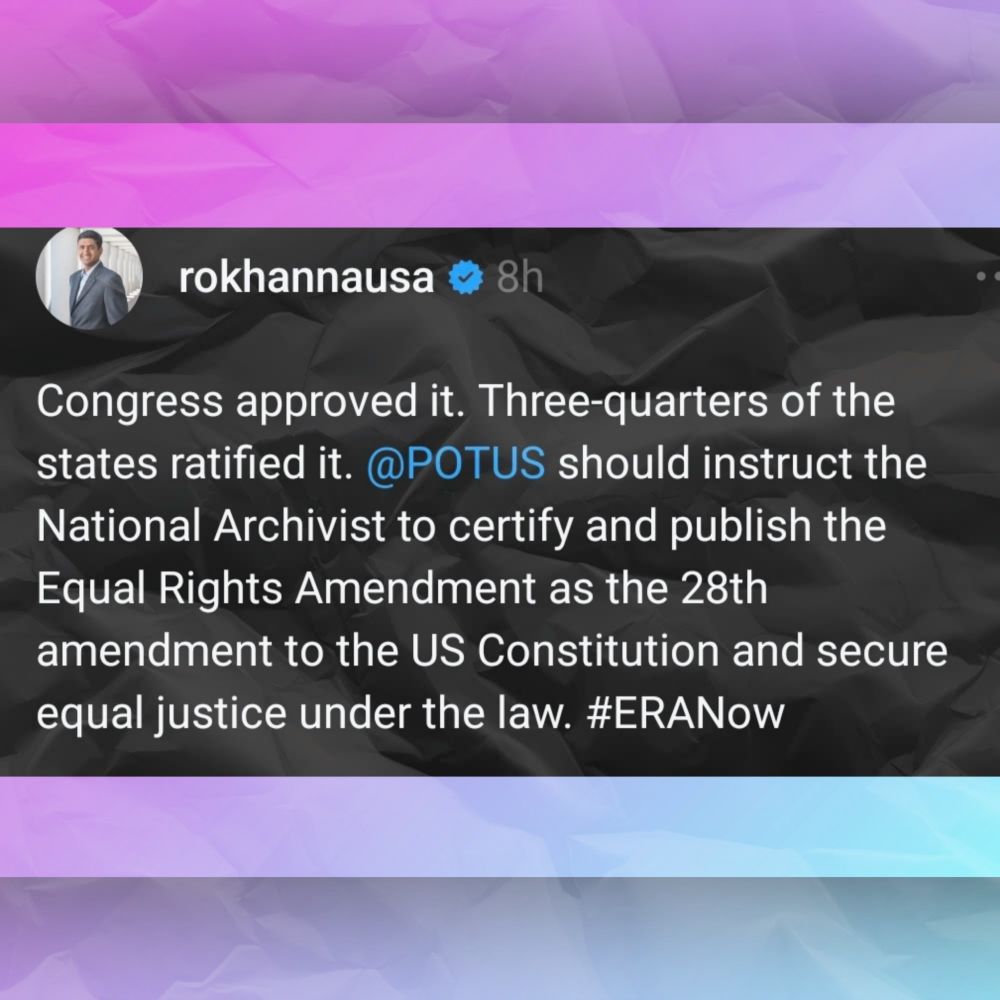 rokhannausa 

Congress approved it. Three-quarters of the states ratified it. @POTUS should instruct the National Archivist to certify and publish the Equal Rights Amendment as the 28th amendment to the US Constitution and secure equal justice under the law. #ERANoW 
