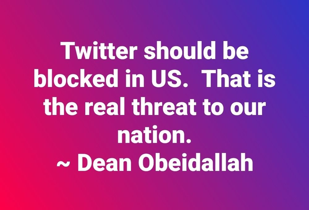 Twitter should be blocked in US. That is the real threat to our nation. 
~ Dean Obeidallah 
