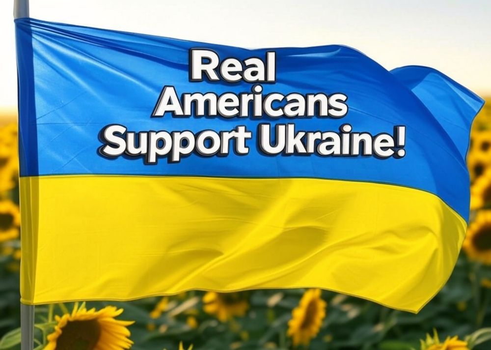 Ukraine Flag in the field of sunflowers with the message, "Real Americans Support Ukraine!" 