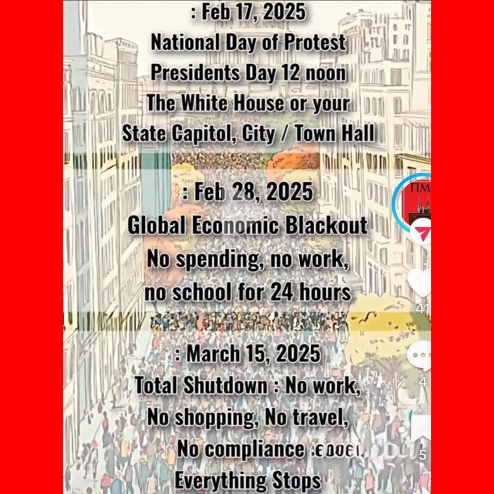 : Feb-17, 2025 National Day of Protest Presidents Day- 12 noon I i 1 The White House or your I State Capitol, City / Town Hall 

: Feb 28, 2025 Global Economic Blackout jll No spending, no work, no school for 24 hours 

: March 15, 2025 Total Shutdown : No work, No shopping, No-travel, No compliance
Everything Stops 
