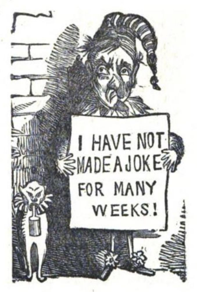 Illustration of a sad clown holding a sign that reads, "I HAVE NOT MADE A JOKE FOR MANY WEEKS!" A small, disgruntled monkey stands beside the clown, enhancing the comedic effect. 