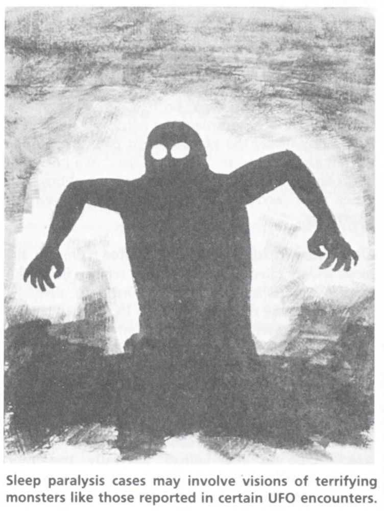 An illustration of a shadowy humanoid figure with glowing white eyes, arms outstretched, set against a dark, textured background. Text: "Sleep paralysis cases may involve visions of terrifying monsters like those reported in certain UFO encounters."