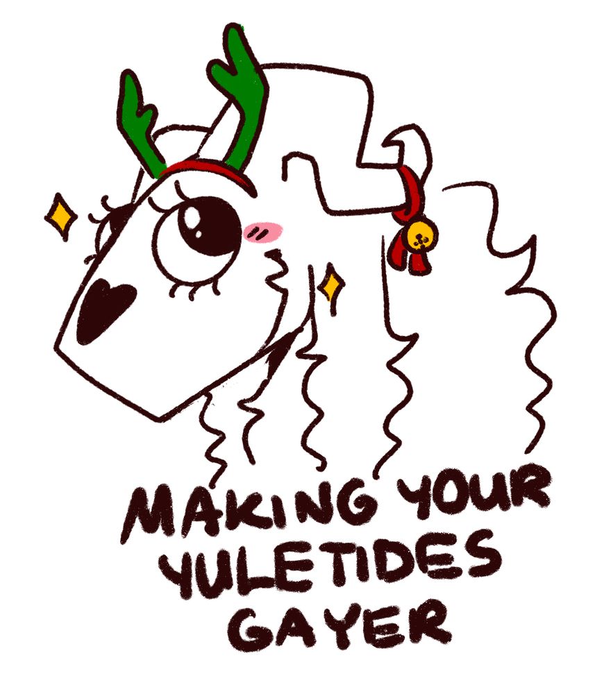 my character nædre in christmas attire with text saying “making your yuletides gayer” he has a twinkle in his eye