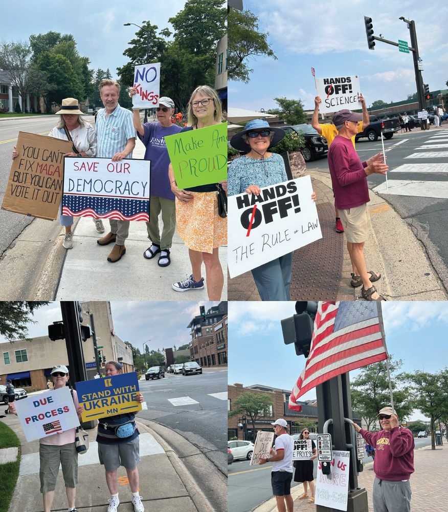 Protesters holding a variety of signs and US flag on street corners.