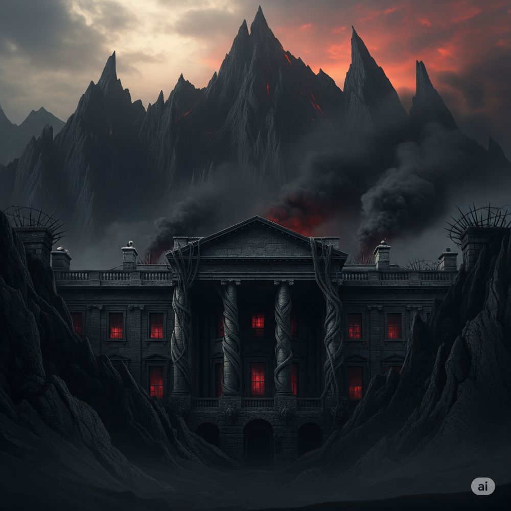 an image of the gates of Mordor from the distance. the gates are scary version of the white house 