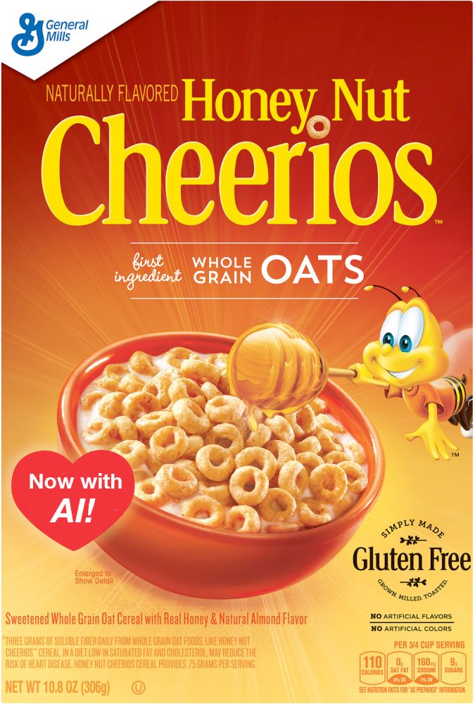 Cheerios box with added "Now with AI" in a little heart on it.