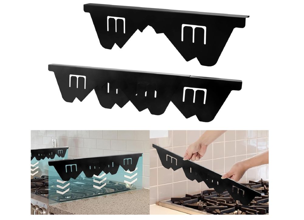 Promotional images of a stove gap cover, which is a piece of cut and folded steel that slides into the stove gap and, once the spring tabs are set correctly, stays put and prevents things from falling between the stove and the counter top.