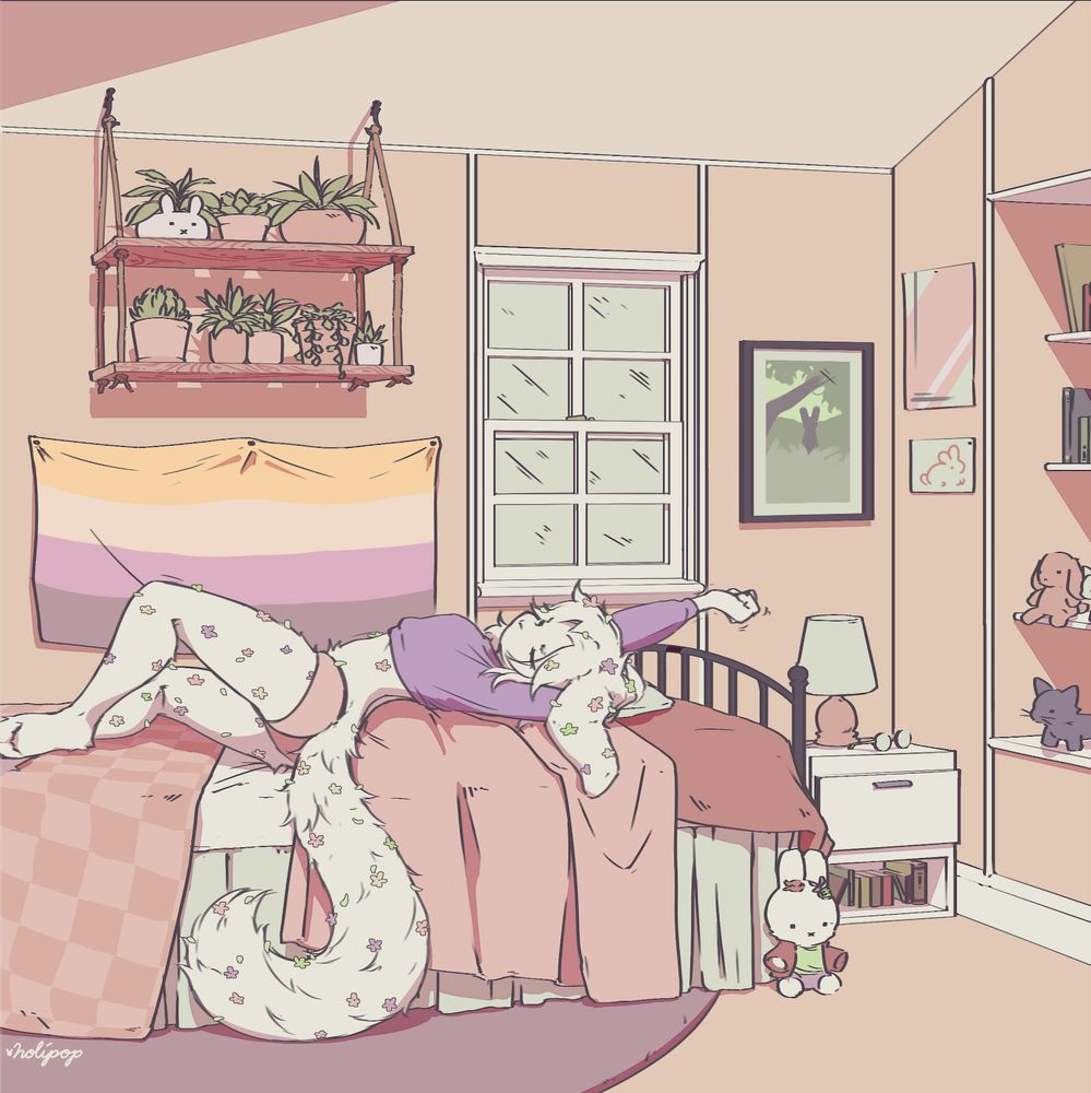 a bunny furry stretching in a pastel bedroom. she's covered in flowers and petals and wearing a sweater crop top.
