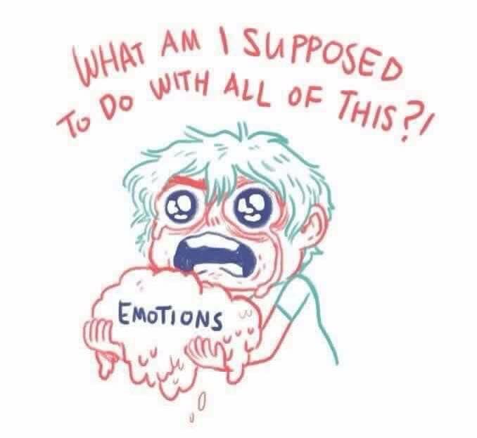 Drawing of a person holding a wet pile labeled "emotions". Text written at the top says "what am I supposed to do with all of this?!"