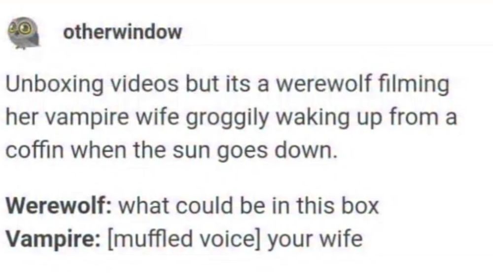 A screenshot of a tumblr post by user other window that reads: unboxing videos but it's a werewolf filming her vampire wife groggily waking up from a coffin when the sun goes down. 

Werewolf: what could be in this box?
Vampire in a muffled voice: your wife