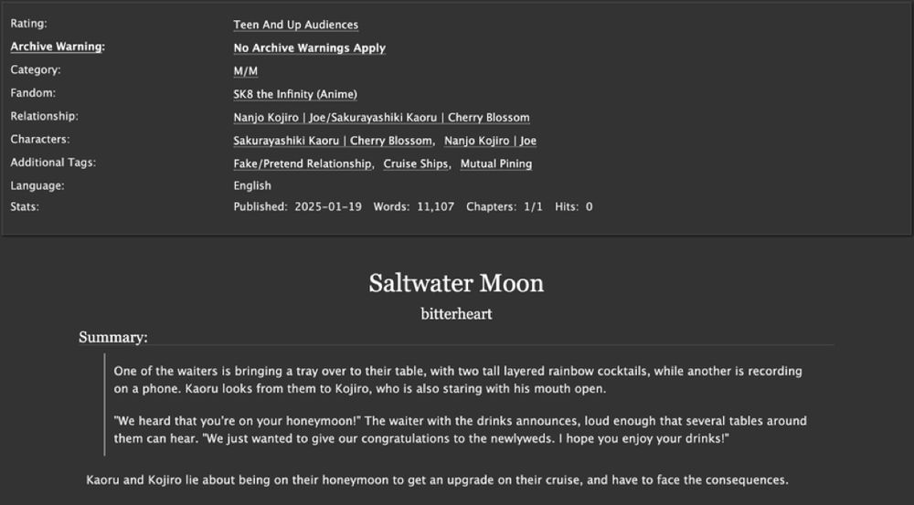A screenshot of the AO3 summary of the fic linked in the body of the text, showing that it is a T-rated Kojiro/Kaoru sk8 fic with the tags "fake/pretend relationship", "cruise ships" and "mutual pining" and it is 11,107 words long.