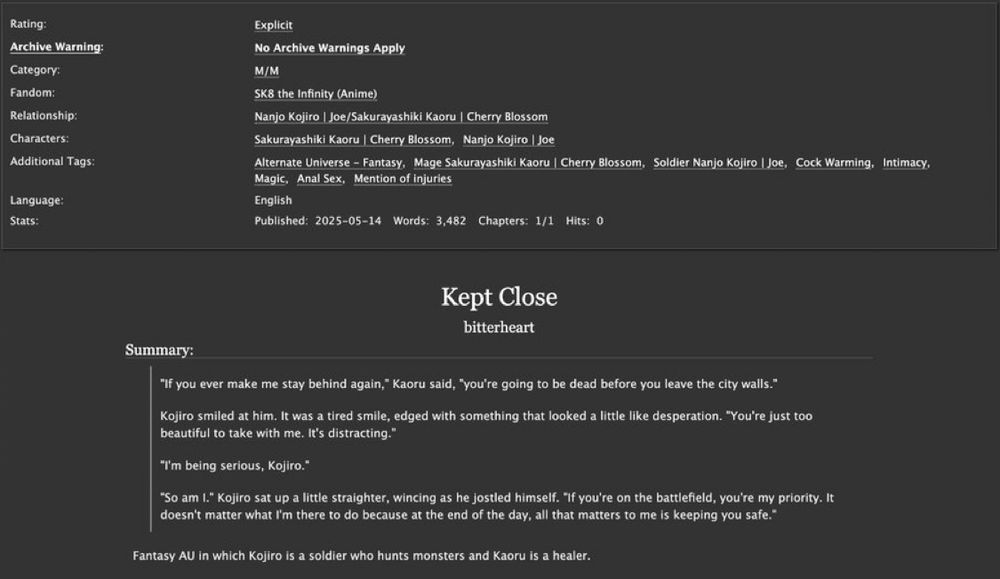 A screenshot of the fic linked in the body of the text. It's a 3.8k sk8 fic for the matchablossom ship titled Kept Close, rated explicit and with the additional tags fantasy au, mage kaoru, soldier kojiro, cock warming, intimacy, magic, anal sex, and mention of injuries