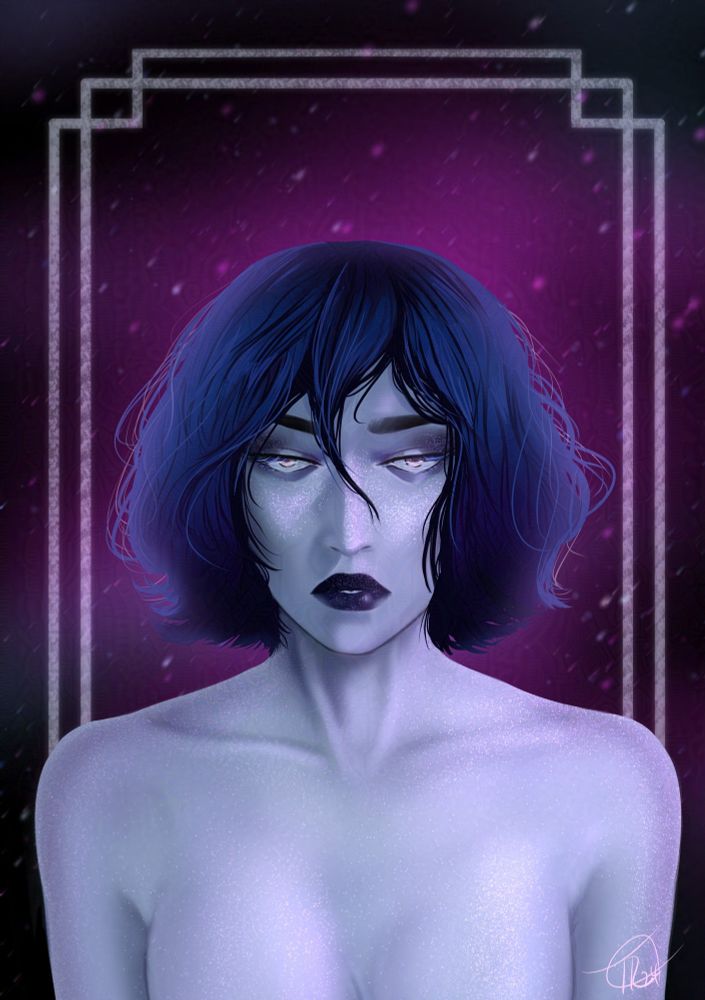 Illustration of bust of blue haired woman staring vacantly ahead, backdrop of stars behind her.
