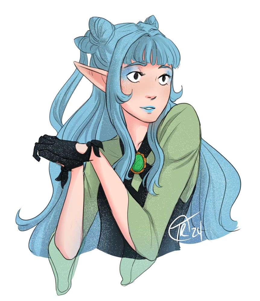 Bust sketch of blue haired elf, staring off sweetly, dressed in a blue and green top.