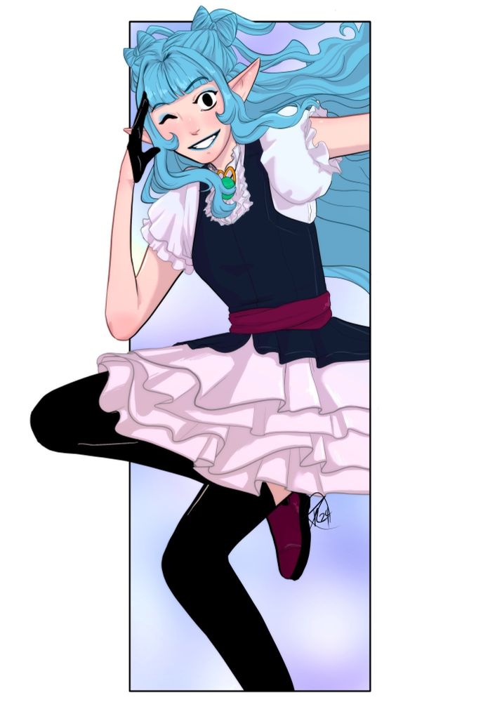 Blue haired elf leaping out of a panel in a cute white and black dress, saluting.