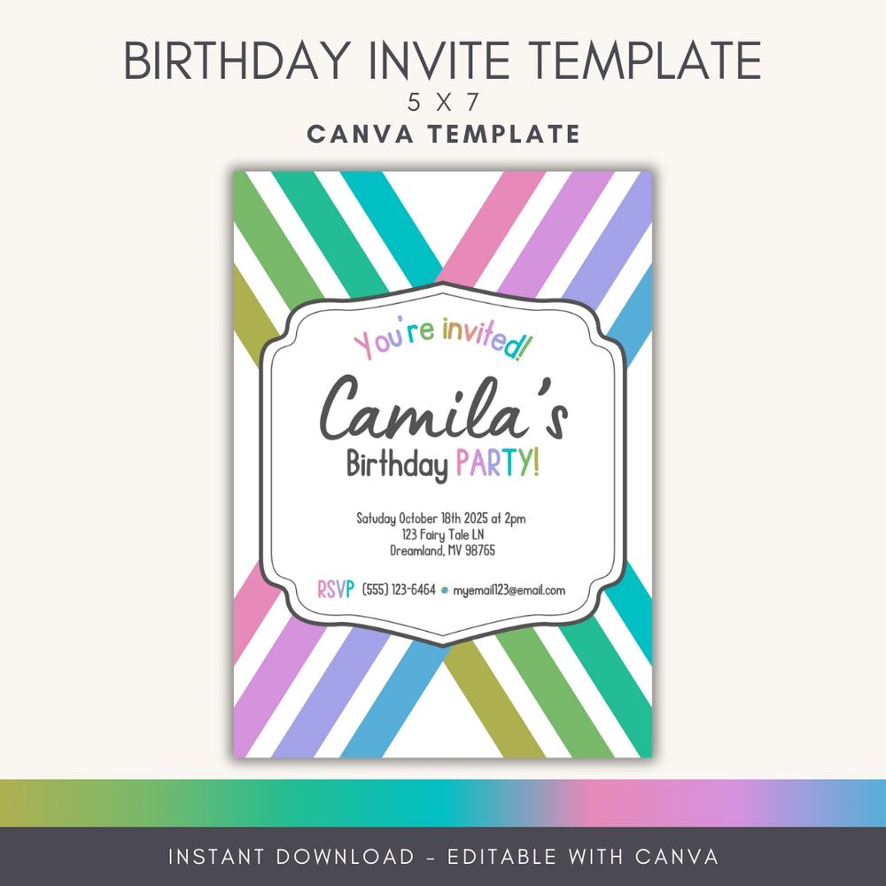 An image of a bright and colorful birthday card template for Canva. Available for immediate download and fully editable with free and pro version of Canva. Size 5x7. Birthday invite.