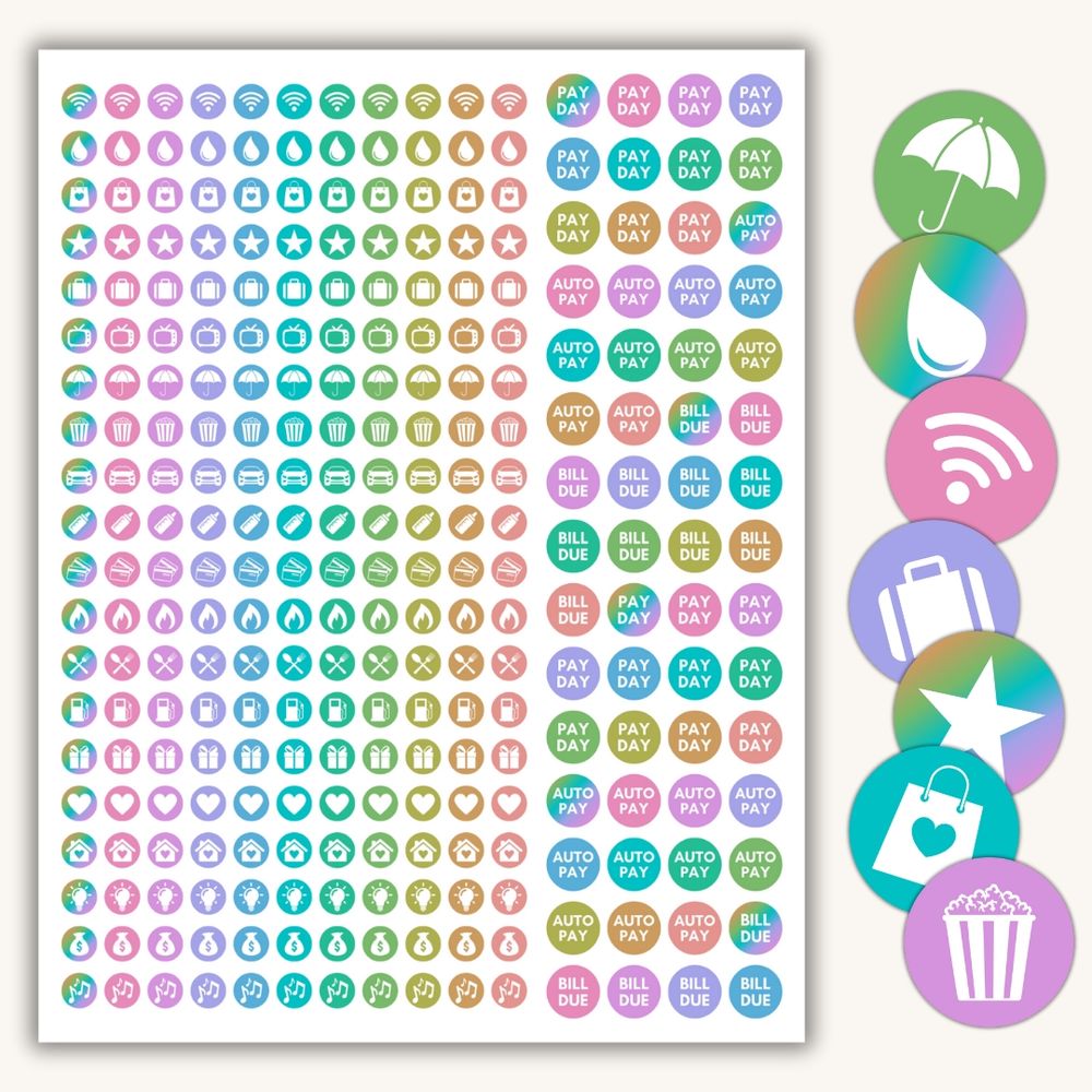 Colorful Budget icon stickers. Some of the stickers say bill due, pay day, and auto pay. 