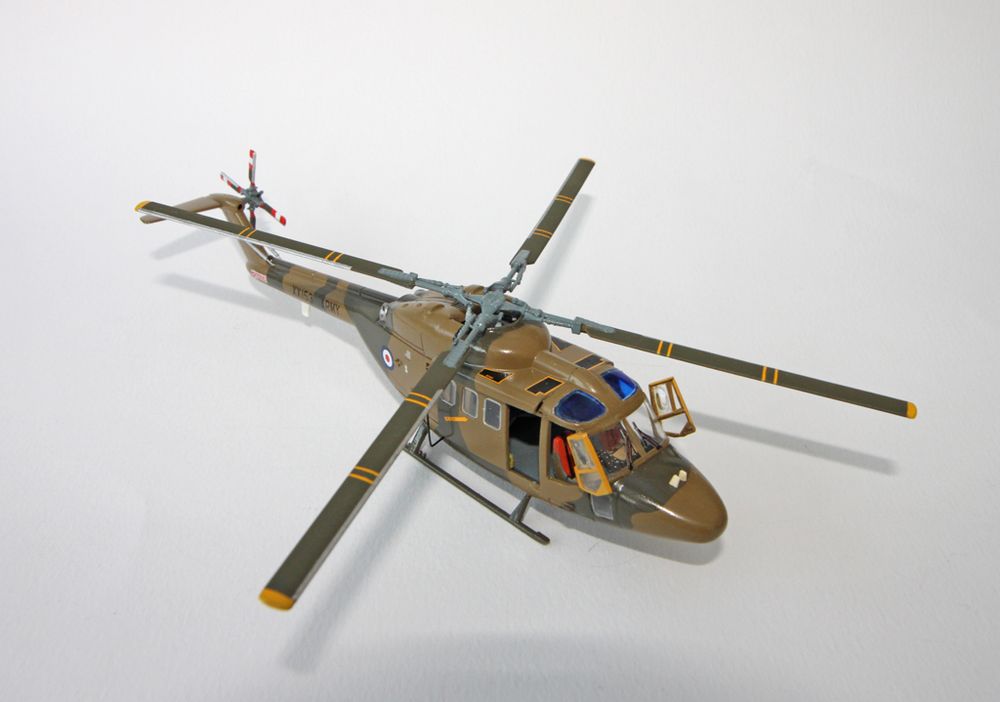 1/72 scale plastic model of a Westland WG.13 Pre-production Army Lynx, made from the Matchbox kit with main and tail rotors, and cockpit interior from the Airfix kit.  Painted gloss dark green and dark earth, as shown in contemporary photographs.