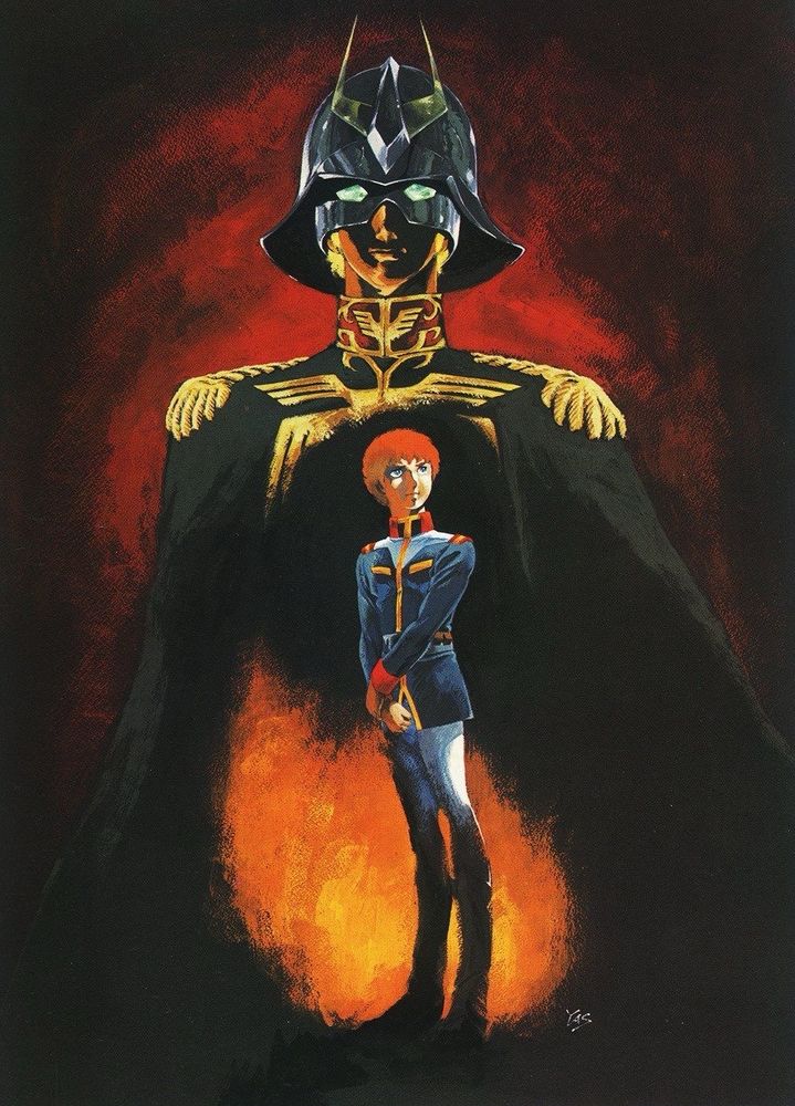 illustration of char and amuro. char is in the background with dim lighting and amuro is in the foreground