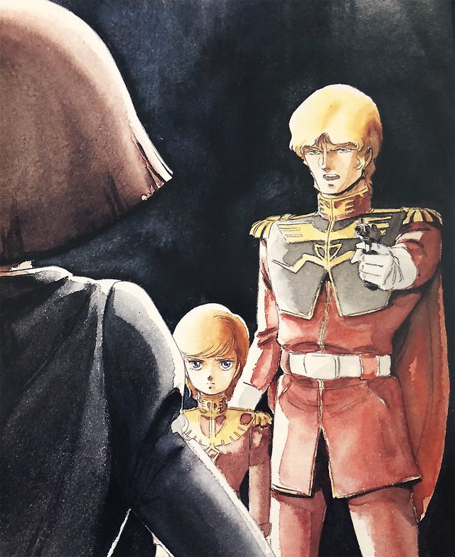 char is pointing a gun at haman while his hand rests behind mineva