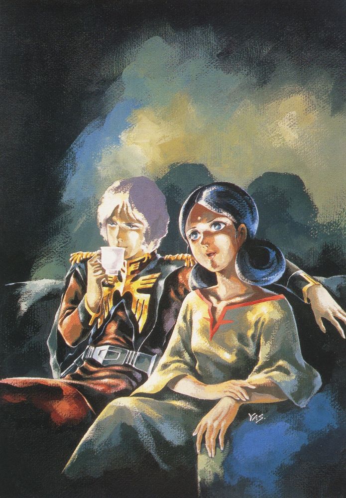 char and lalah from mobile suit gundam, he has  his arm around her shoulder and is sipping tea