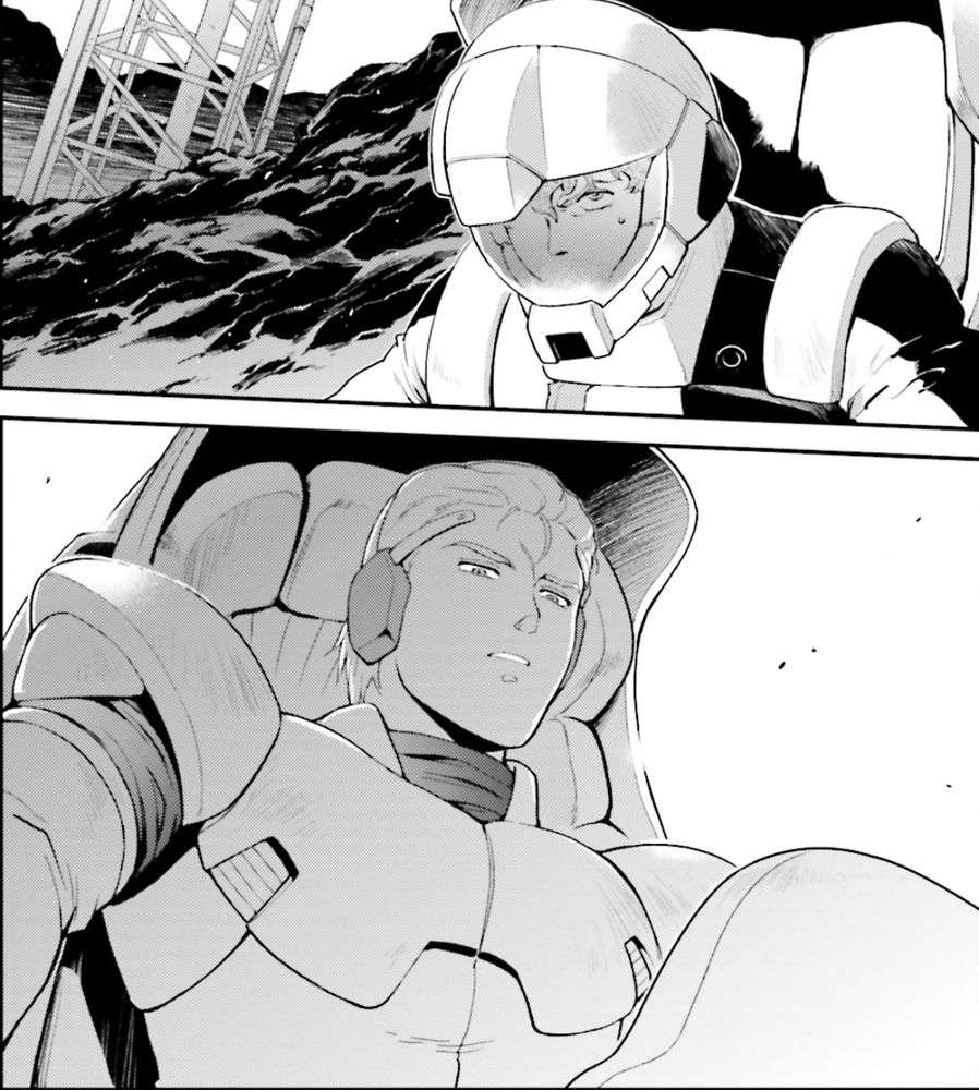 manga panel of char and amuro. the first panel is amuro in his pilot suit looking incredibly angry. the second is a perplexed char who is also in a pilot suit