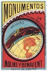 Multi-colored auto theme titled MONUMENTOS curved along a toothed wheel. Circle inside has globe with red racing car curving around the Pacific Ocean. Text reads LA NUEVA CERILLERA AND MOLINS Y BENAVENT in the red, 45 LUCES above the car. At bottom HECHO EN MEXICO. 