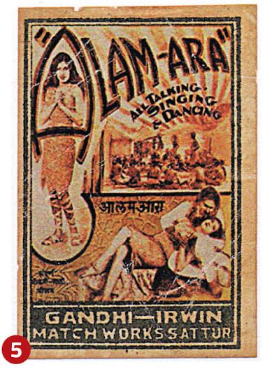 Miniature movie poster with comely woman at left, a group of dancers to her right, woman and man in romantic pose at bottom. Title reads ALAM-ARA/SLL TALKING, SINGING & DANCING. At bottom GHANDU-IRWIN MATCH WORKS SATTUR. 